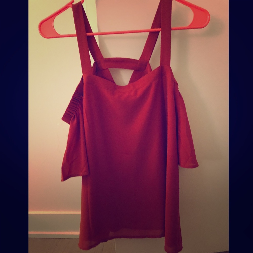 Rust colored bare shoulder blouse